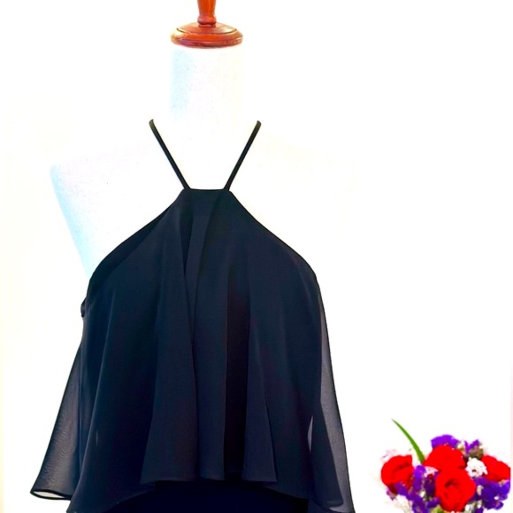 🌹Calvin Klein Halter Cocktail Dress w/Chiffon Overlay, Black, Size 10 (NWT)